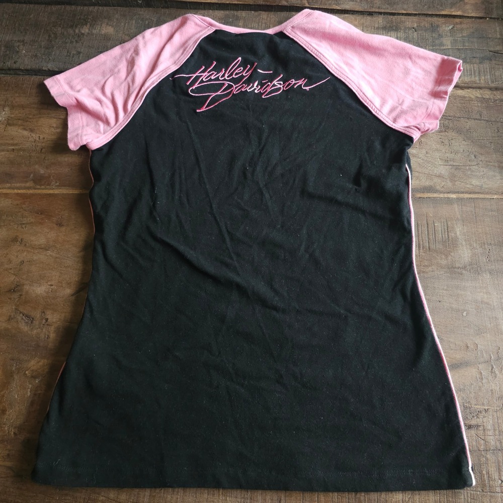 Harley-Davidson Womens Pink Black Raglan V-Neck Embroidered Logo T-Shirt Small